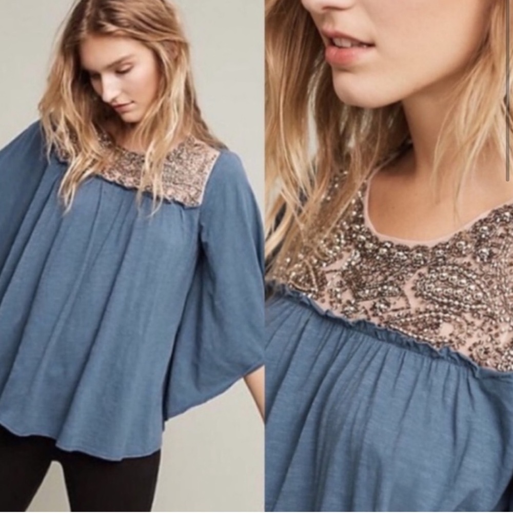 Anthropologie Deletta Josephine Embellished Blouse Wedgewood Blue Color Tunic